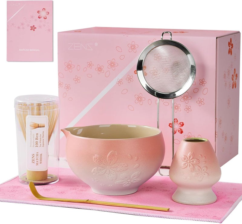 Zens Matcha Whisk Set, Pink Ceramic Matcha Bowl with Embossed Sakura, 6pcs Matcha Tea Kit Includes Bamboo Whisk, (Chasen Holder) Scoop & Sifter, Tea Towel for Matcha Ceremony, Pink - Image 1